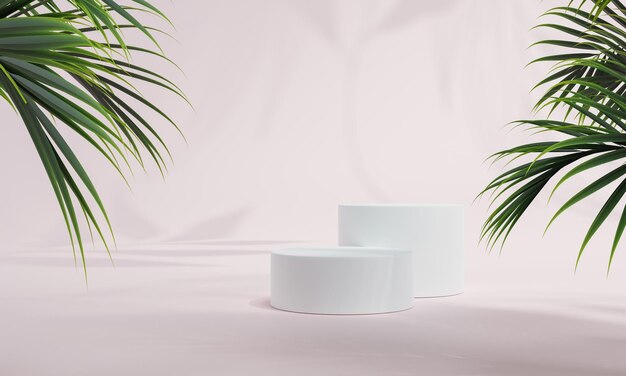Pódio com fundo pastel colorido e suporte de árvore ou folha ou pedestal de pódio em exibição de publicidade com cenários em branco renderização em 3D