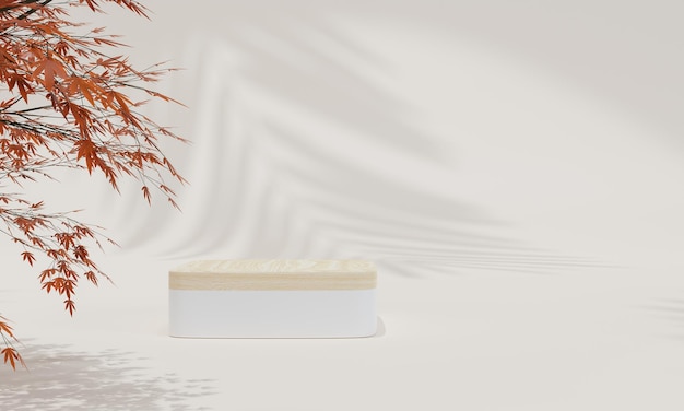 Pódio com fundo pastel colorido e suporte de árvore ou folha ou pedestal de pódio em exibição de publicidade com cenários em branco renderização em 3D