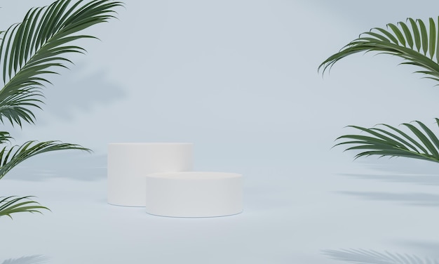 Pódio com fundo pastel colorido e suporte de árvore ou folha ou pedestal de pódio em exibição de publicidade com cenários em branco renderização em 3D