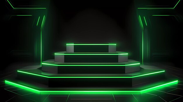 Pódio com iluminação neon verde futurista, fundo de palco científico, tecnologia científica renderizada em 3d