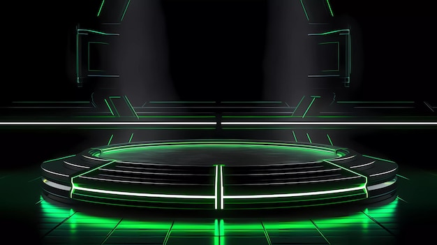 Pódio com iluminação neon verde futurista, fundo de palco científico, tecnologia científica renderizada em 3d