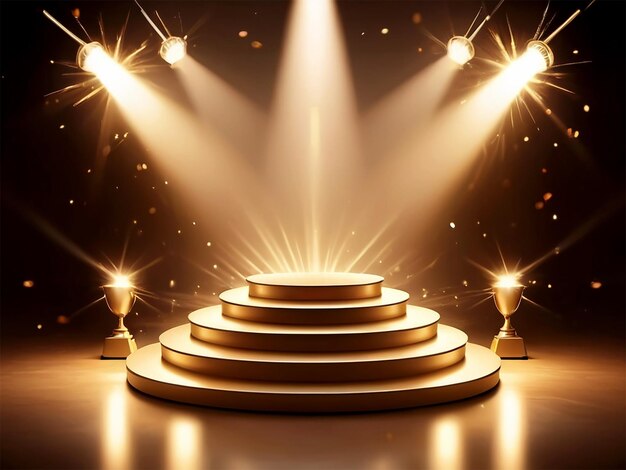 Foto pódio com lâmpadas de luz dourada em fundo palco de premiação de luz dourada com raios e faíscas