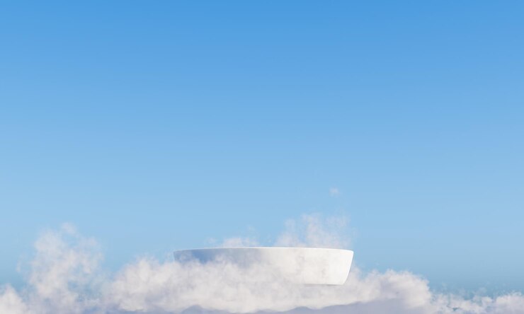 Pódio com publicidade de fundo de nuvem e céu exibe renderização em 3D
