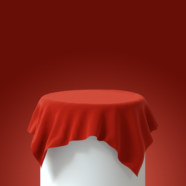 Pódio com toalha de mesa de veludo vermelho. Renderização em 3D