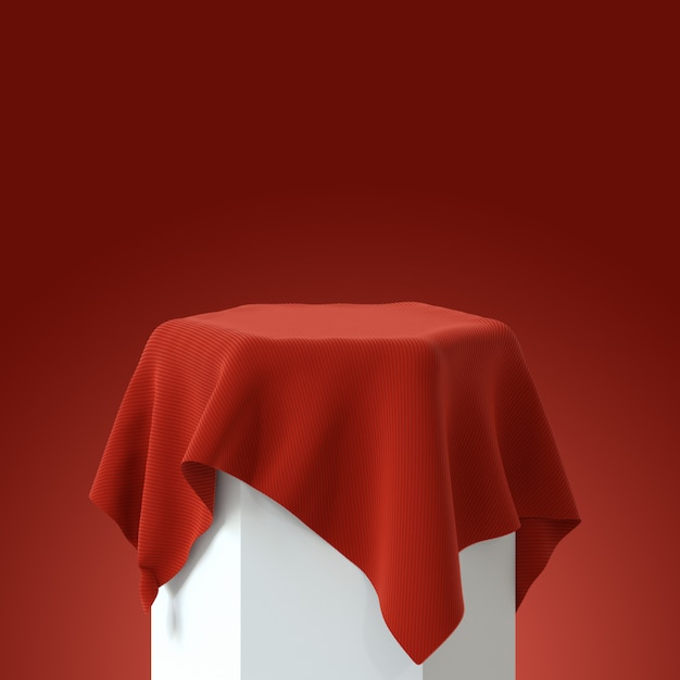 Pódio com toalha de mesa de veludo vermelho. Renderização em 3D