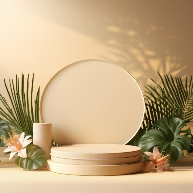 Foto pódio com uma planta tropical ao fundo para marcas de maquetes de cosméticos e produtos de beleza