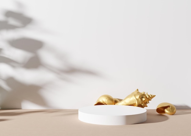 Podio con conchas marinas doradas sobre fondo blanco con sombras de hojas Elegante podio para la presentación cosmética del producto Maqueta de lujo Pedestal o plataforma para productos de belleza Representación 3D