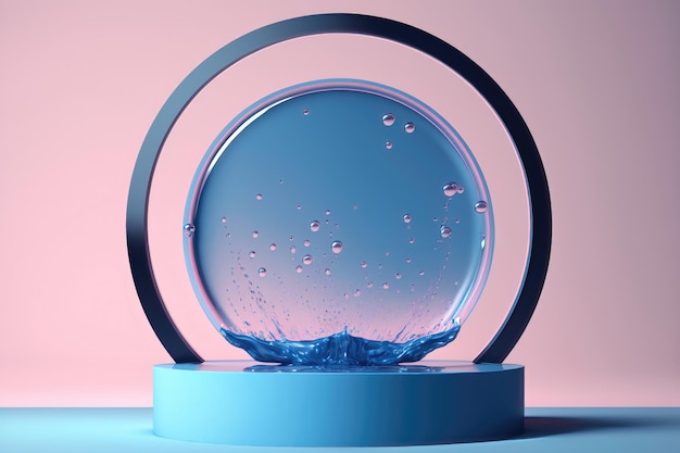 Pódio contemporâneo de círculo azul e rosa com geração de IA de vidro e água
