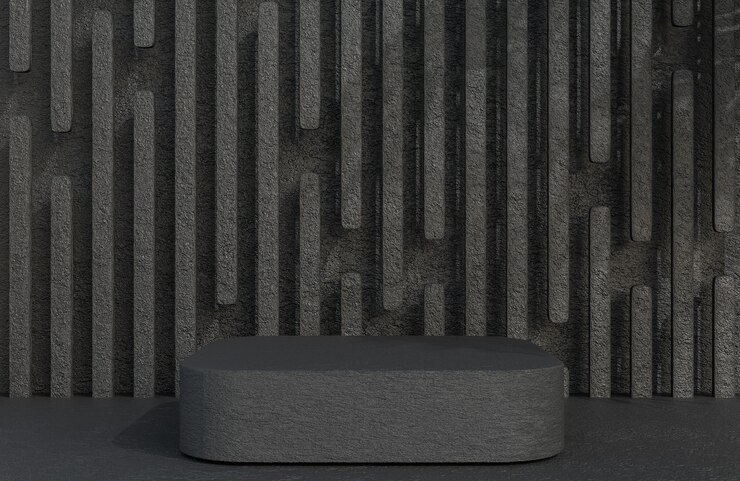 Podio cuadrado de piedra negra para presentación de producto en estilo de lujo de fondo de pared de piedra, modelo 3d e ilustración.