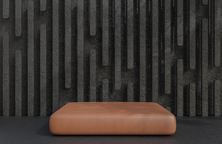 Podio de cuero marrón para presentación del producto en estilo de lujo de fondo de pared de piedra, modelo 3d e ilustración.