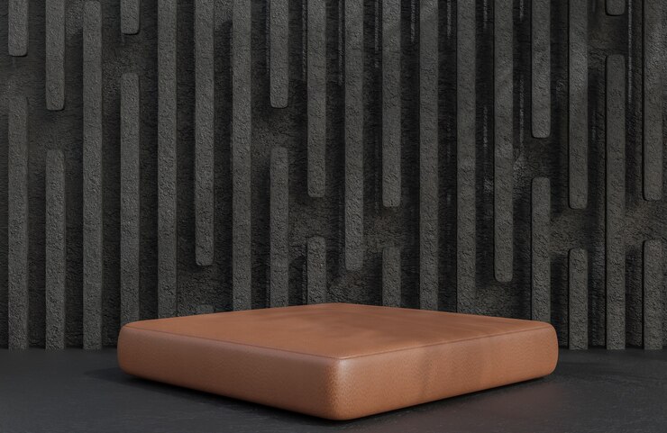 Podio de cuero marrón para presentación del producto en estilo de lujo de fondo de pared de piedra, modelo 3d e ilustración.