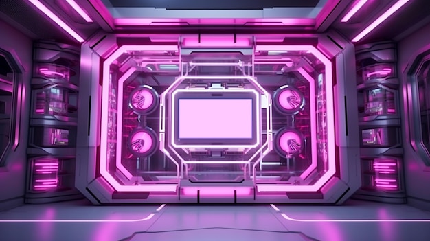Foto podio cyberpunk de neón brillante de color rosa púrpura en un túnel espacial futurista con ia espacial de coopy generada