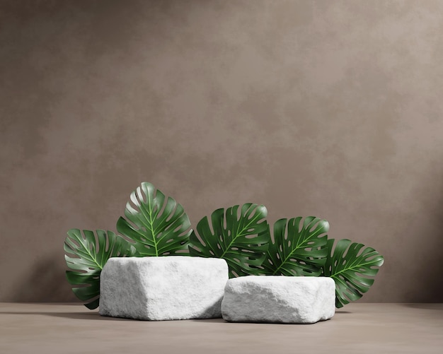 Pódio da plataforma de renderização 3d com fundo de apresentação do produto da planta monstera