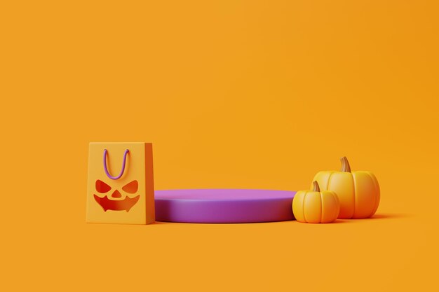 Pódio de abóboras Jack o Lantern para exibição de produtos e sacola de compras em fundo laranja renderização 3D