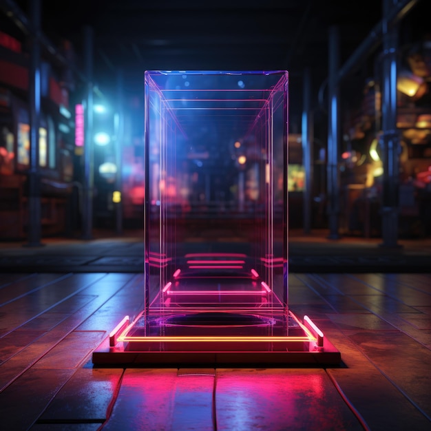 Pódio de apresentação do produto luz neon estilo tecnologia piso e parede ilustração 3D
