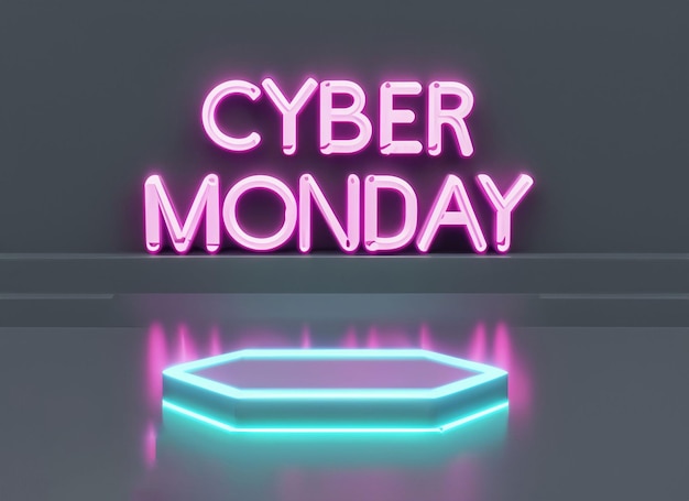 Pódio de brilho de luz neon da segunda-feira cibernética 3d com caixa de presente e bolsa e curta de compras