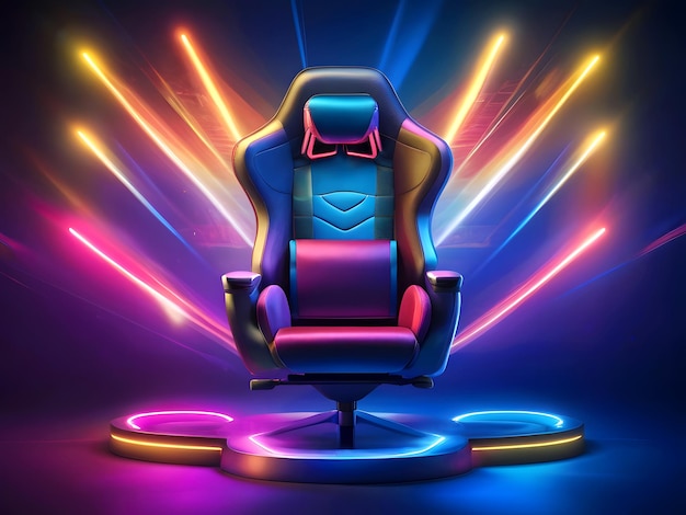 Pódio de cadeira de jogo com fundo de luzes coloridas