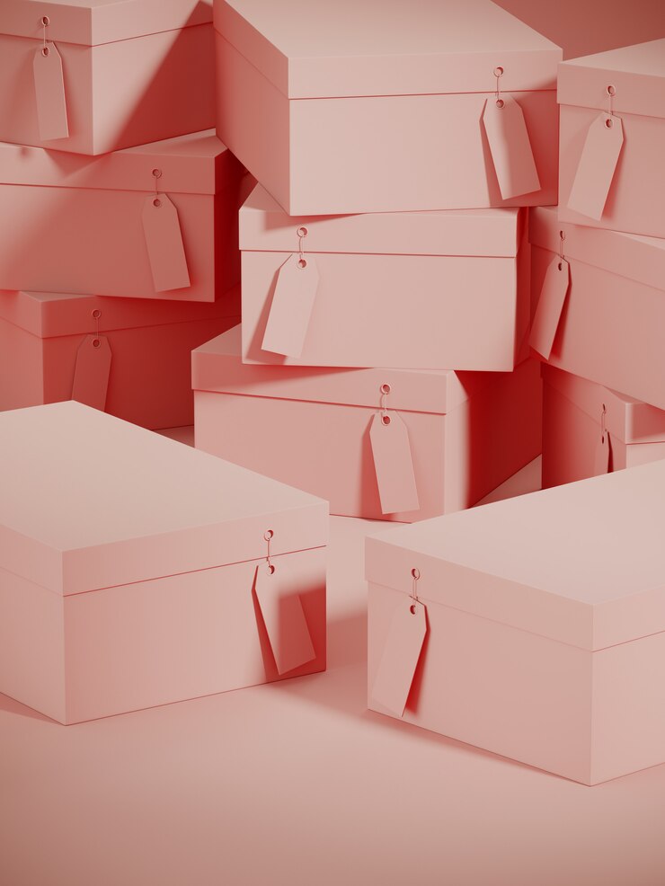 Pódio de caixa de compras cor-de-rosa e pilha de fundo de caixas de presente de papelão. Ilustração de renderização 3D.