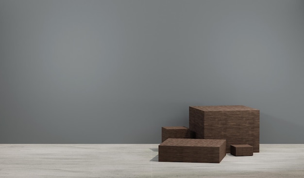 Pódio de caixa de madeira marrom 3D com fundo cinza mínimo. Perfeito para mostrar o produto e promoção