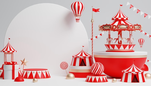 Pódio de carnaval 3d com muitos passeios e lojas ilustração 3d de tenda de circo