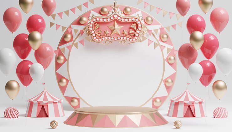 Pódio de carnaval 3d com muitos passeios e lojas ilustração 3d de tenda de circo
