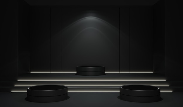 Pódio de cena interior de renderização 3D com iluminação em fundo escuro