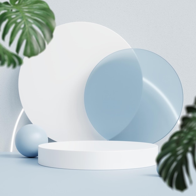 Pódio de cilindro branco para exibição de produtos em renderização 3d de fundo azul claro