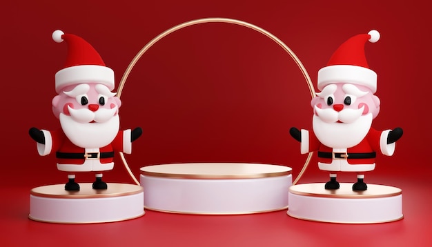 Pódio de cilindro de renderização 3d no natal papai noel e árvore de natal caixas de presente fita produto perfume promoção venda apresentação cosmético na cor de fundo