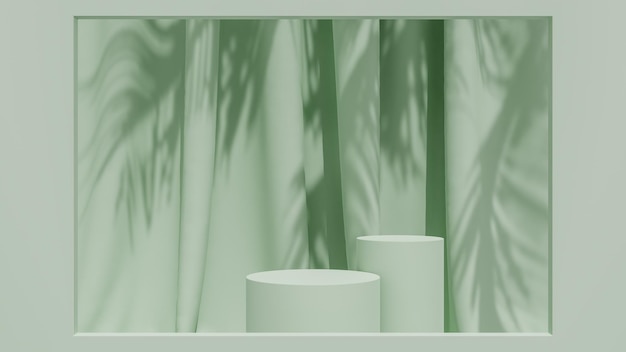 Pódio de cilindro e pedestal de sombra em folha de palmeira fundo do suporte de exibição do produto