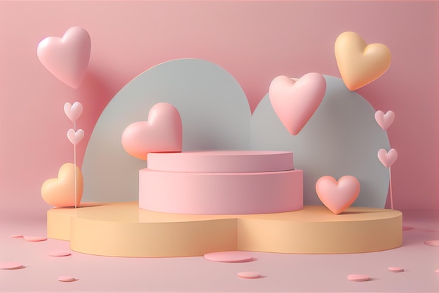 Pódio de cilindro pastel vazio com corações 3D e fundo de espaço de cópia Interior do Dia dos Namorados com espaço de maquete de pedestal para exibição de renderização em 3D do produto