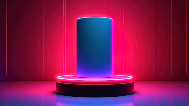 Pódio de cilindro vazio em fundo neon para exibição de produtos