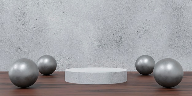 Pódio de cimento redondo com esferas de metal na parede de concreto branco e fundo de piso de madeira renderização 3d