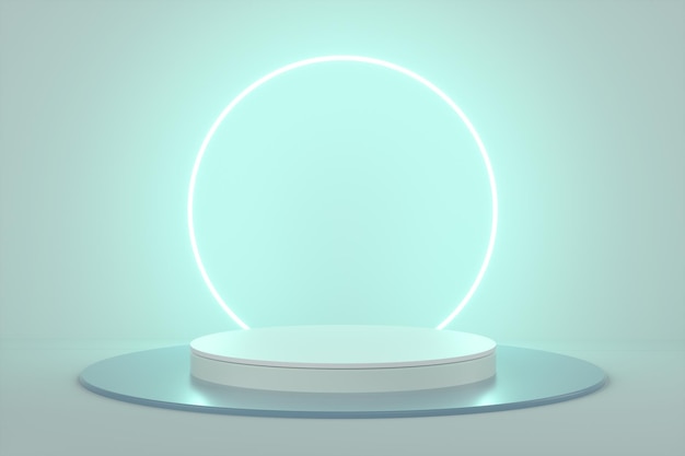 Pódio de círculo de néon abstrato na ilustração de renderização 3d de fundo verde
