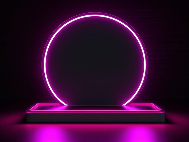 Pódio de círculo preto vazio realista em 3D com círculos de néon de fundo preto claro