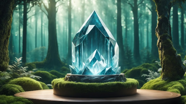 Pódio de Cristal Místico com Floresta Encantada de fundo