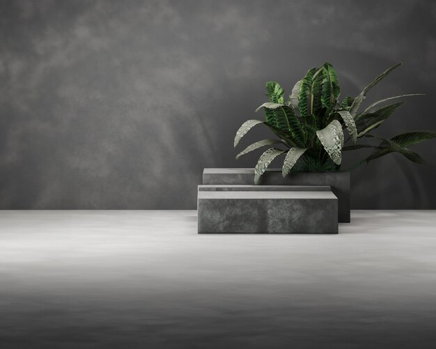 Pódio de degraus de concreto cinza escuro com decoração de planta de cobra em modelo de renderização 3D quadrado