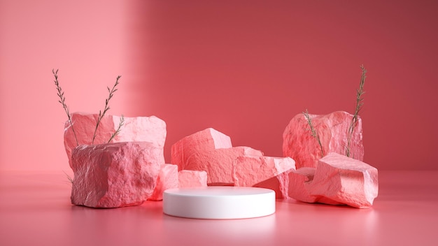 Pódio de demonstração na sala rosa com sombra e pedras, fundo demonstrativo - renderização em 3D