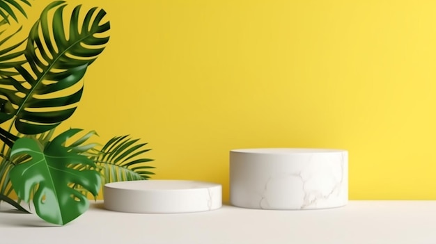 Pódio de dois produtos de mármore redondo branco vazio com parede amarela Generative AI