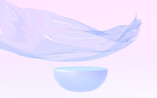 Pódio de exibição 3D estágio de hemisfério geométrico abstrato com fita de vidro voadora forma de plástico transparente iridescente ou plataforma de apresentação de produto de onda de água em fundo rosa
