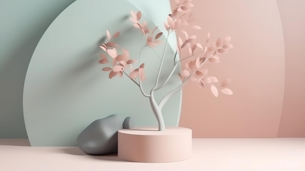 Pódio de exibição 3D Fundo bege Pastel com suporte de cor de pedestal e árvore Generative Ai