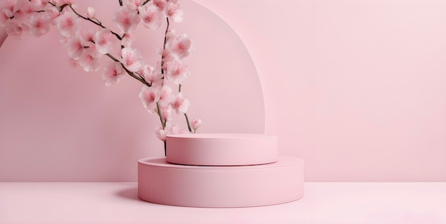 Pódio de exibição 3D Fundo minimalista rosa Pastel com suporte de pedestal e brunch de Sakura florescente para exibição de produtos gerado por IA