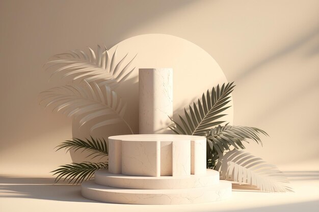 Pódio de exibição de pedra 3D na geração de AI de folhas de palmeira de fundo bege