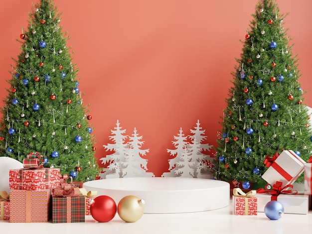 Pódio de exibição de produto branco com árvore de Natal na sala de estar na parede vermelha renderização background3d