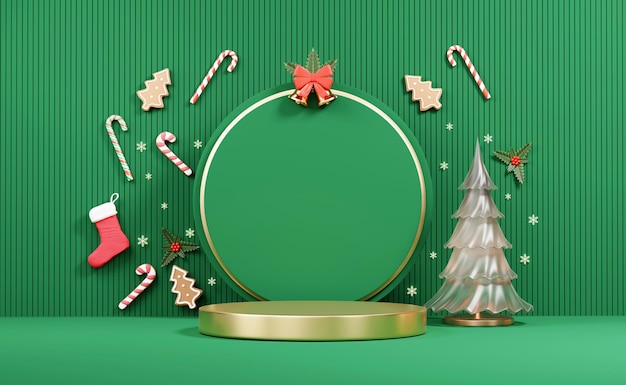 Pódio de exibição de produto de evento de Natal feliz com renderização em 3d de fundo de decoração