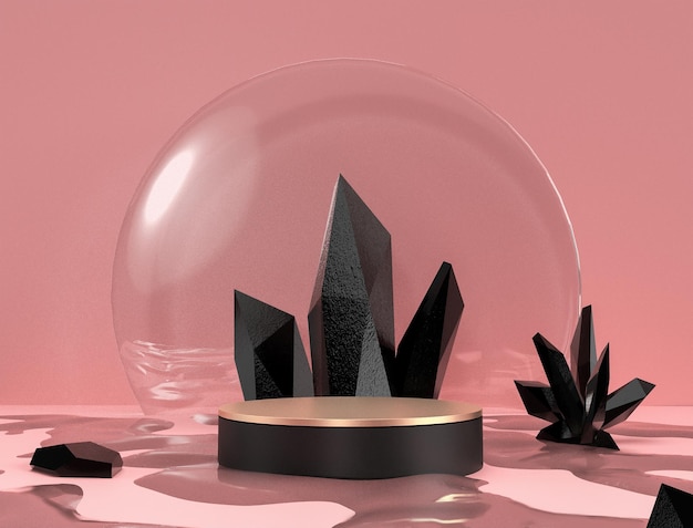 pódio de exibição de produto de ouro abstrato rosa com renderização 3d de grupo de cristal preto