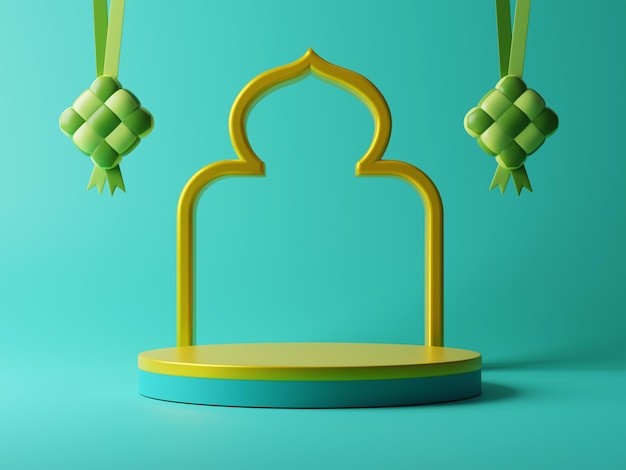 Pódio de exibição de produtos 3D e elemento islâmico do festival de quadro de mesquita em fundo azul