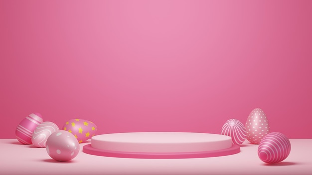 Pódio de exibição de produtos de feliz páscoa em fundo rosa pastel renderização 3D