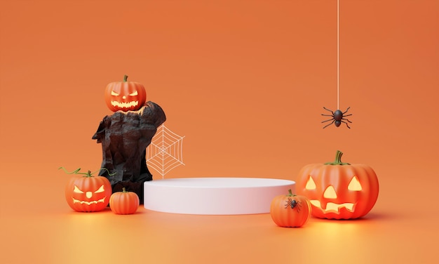 Pódio de exibição de produtos de Halloween decorado com abóbora jack O lanterna ilustração de renderização 3D
