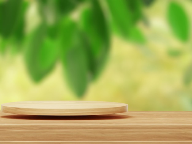 Pódio de exibição de produtos de madeira com folhas de natureza borradas em fundo renderização 3D