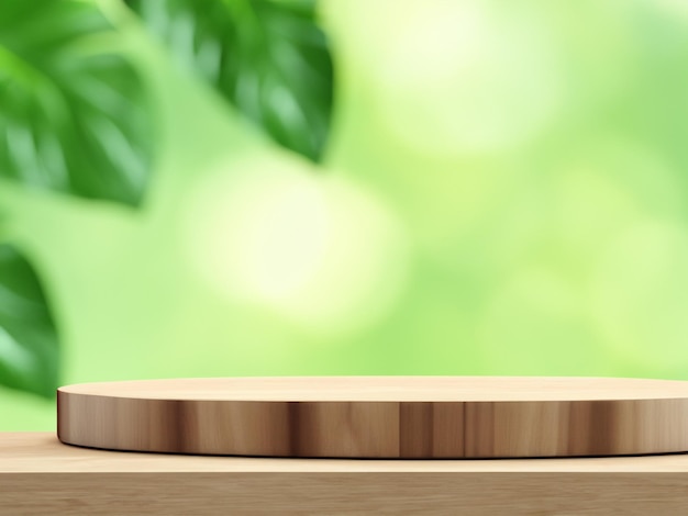 Pódio de exibição de produtos de madeira com folhas de natureza borradas em fundo renderização 3D